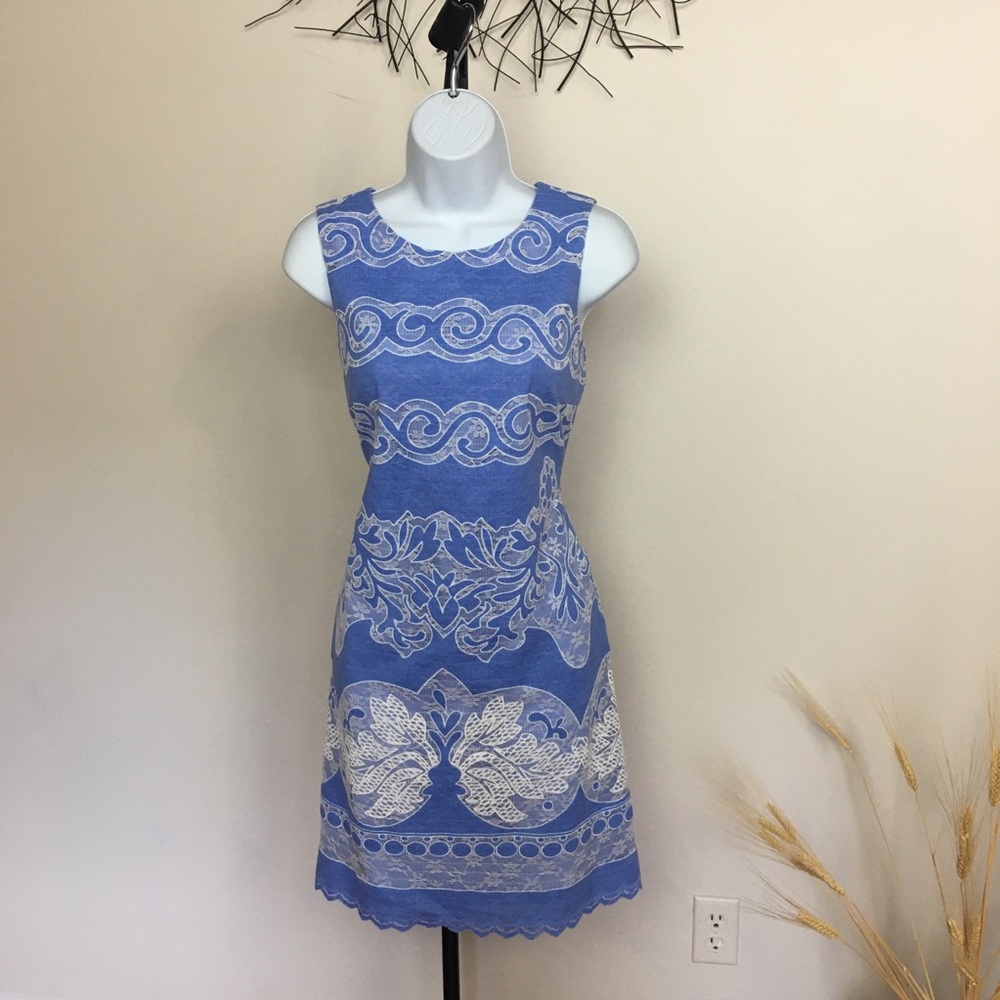 Sleeveless Blue Patterned Fit & Flare Dress